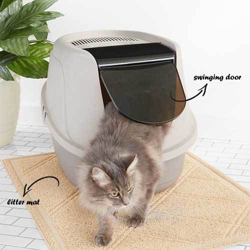 Covered litter box with swinging door